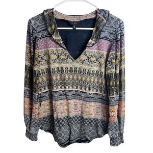 Lucky Brand‎ Long Sleeved Mixed Media Blouse Size Small Boho Navy Pink